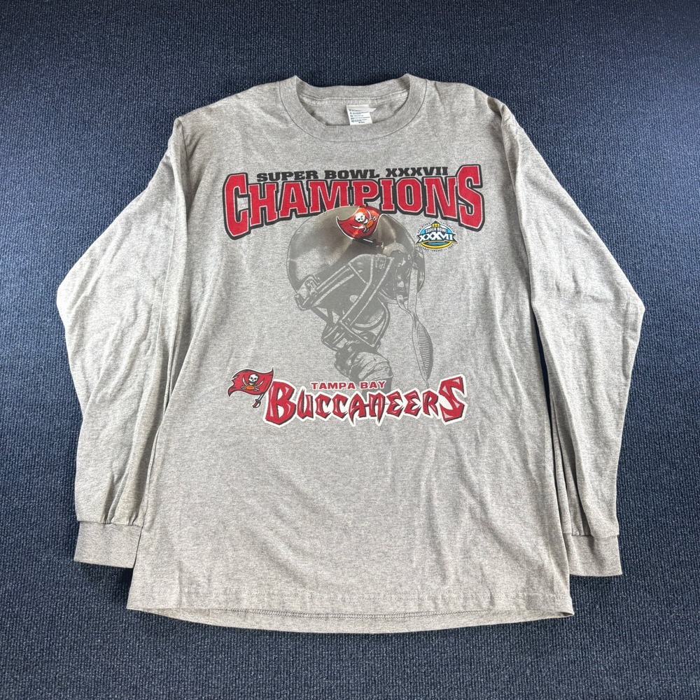 Vintage Tampa Bay Buccaneers Super Bowl XXXVII Champions T-Shirt Mens M Gray L/S